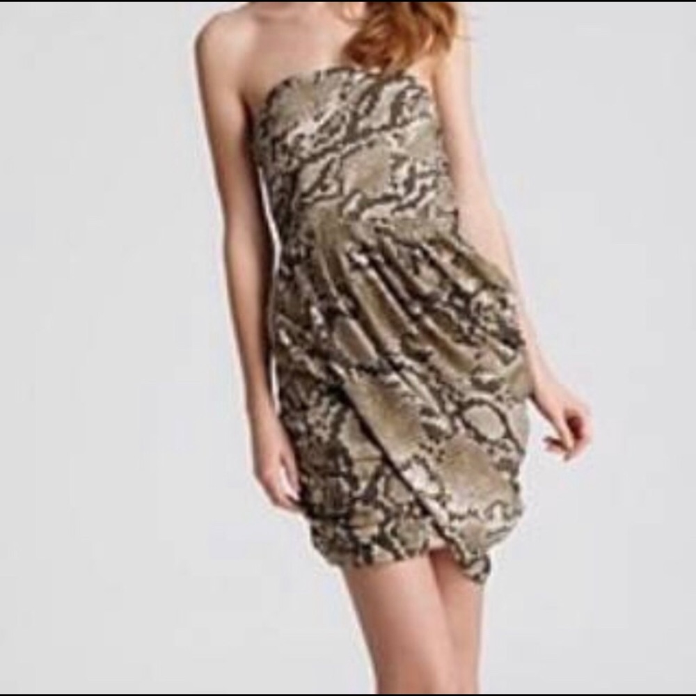 Michael Kors Strapless Snake Print Dress in Taupe and Black